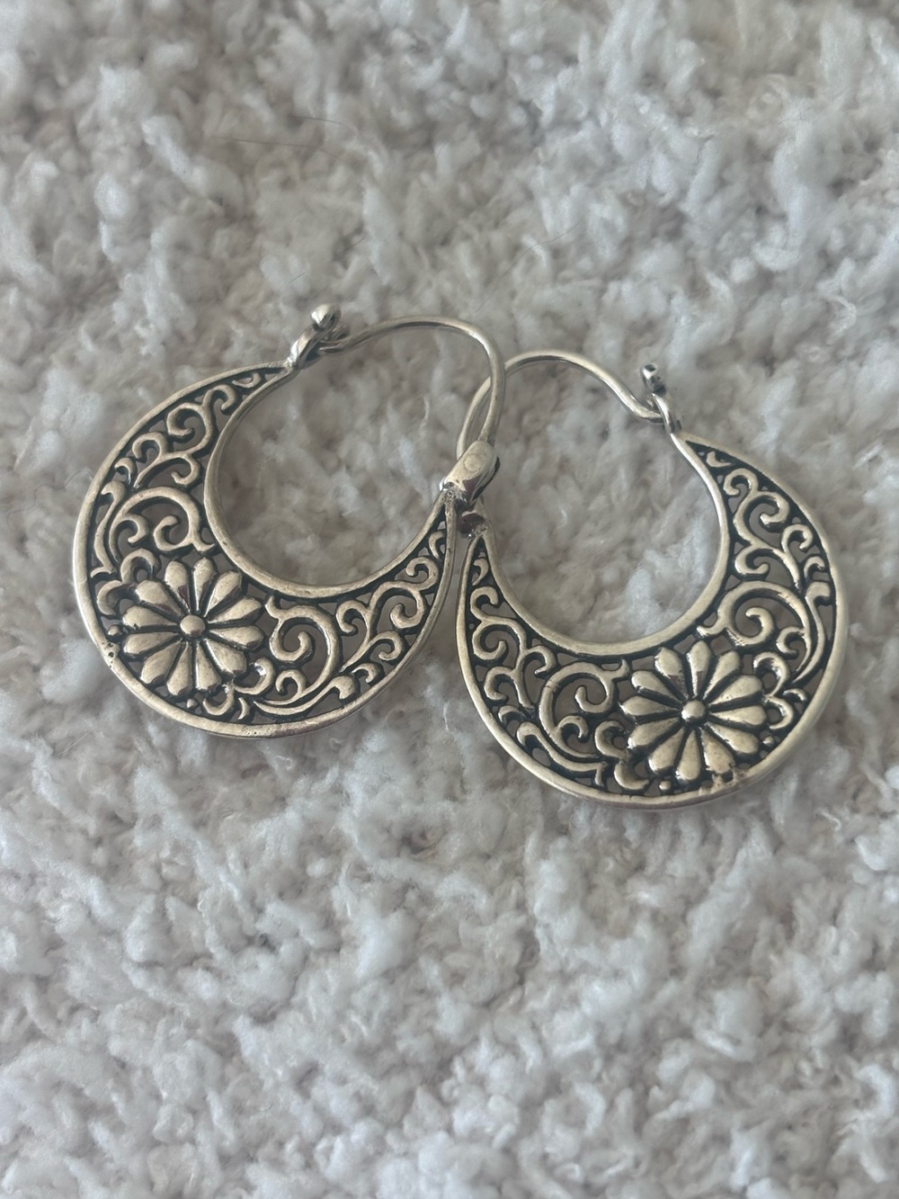 Sterling-Style Floral Filigree Hoop Earrings - Silver